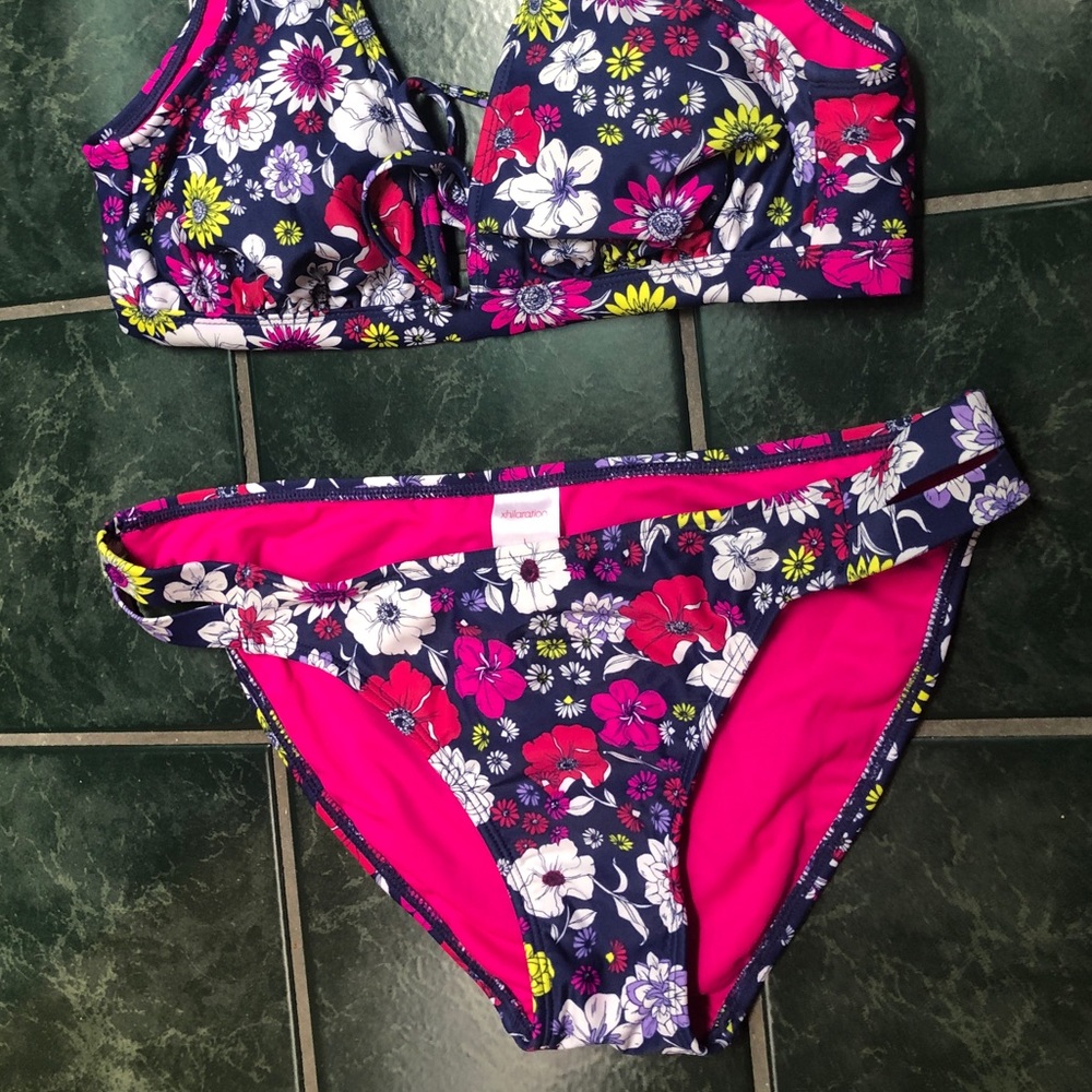 Xhilaration Bright Floral Plunge Neckline Bikini Top and Bottom Set